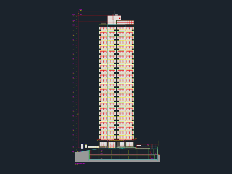 Lateral elevation of a 22-story residential high-rise showing floor levels, rooftop, and two parking basement levels.