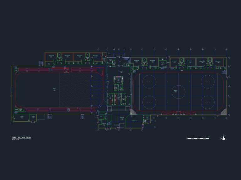 CAD floor plan of a twin ice arena with two rink sheets, dressing room blocks, and technical mechanical rooms.