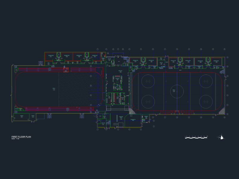 Twin ice arena first floor plan DWG with dressing rooms and technical spaces