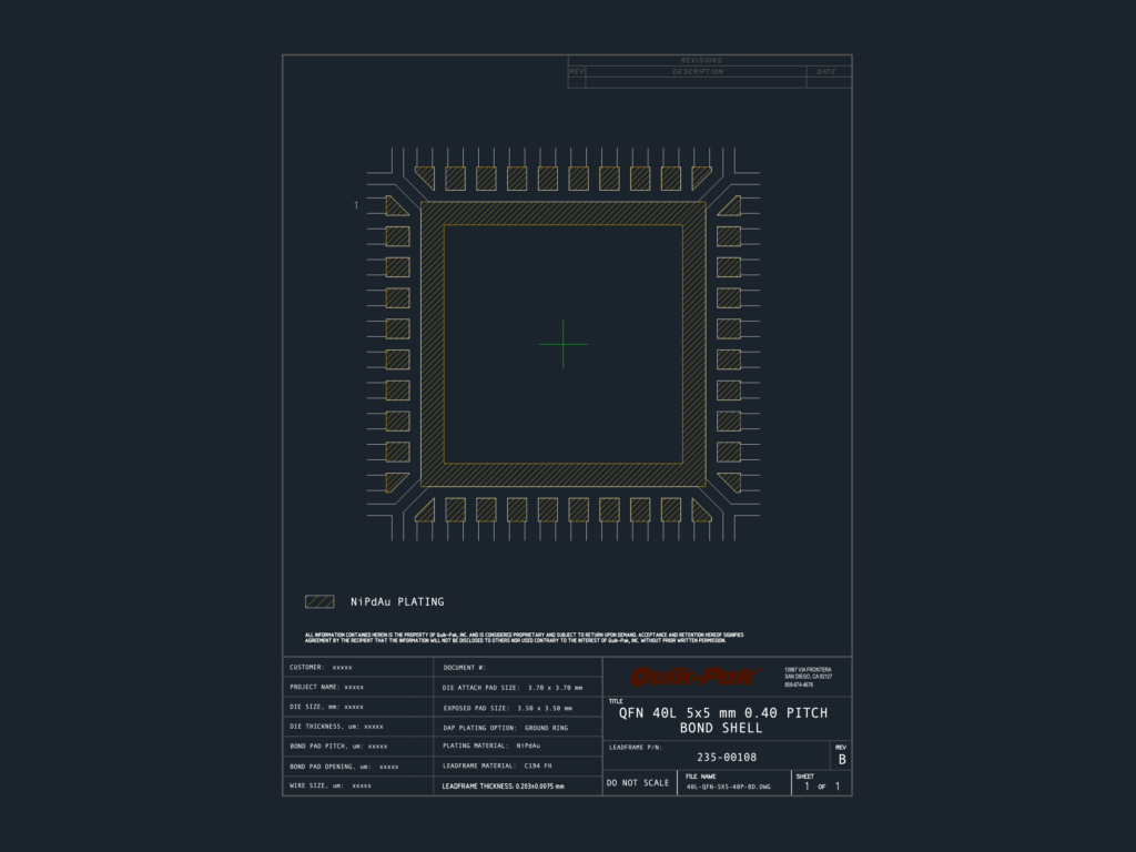QFN 40L 5x5 mm bond shell leadframe drawing with 0.40 pitch, die attach pad layout, and NiPdAu plating details.