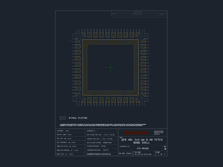 QFN 40L 5x5 mm bond shell leadframe drawing with 0.40 pitch, die attach pad layout, and NiPdAu plating details.