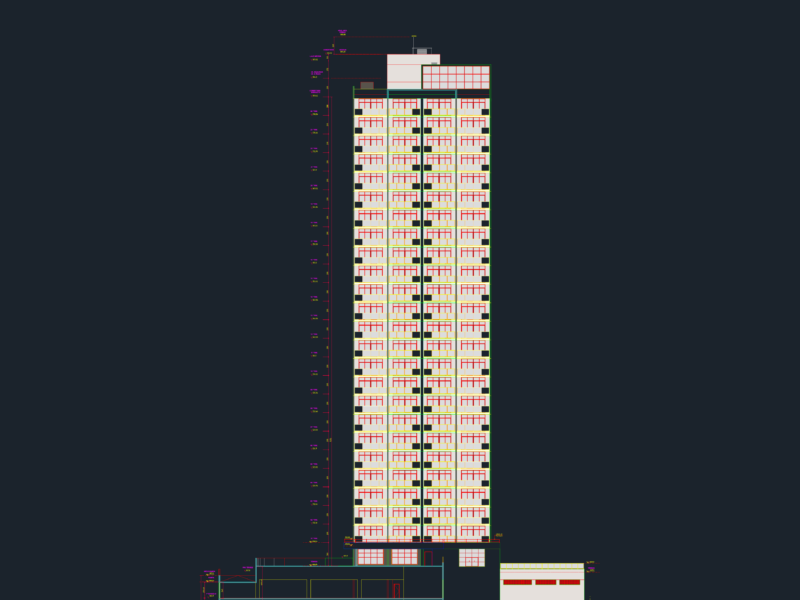 High-rise apartment building side elevation with material specs