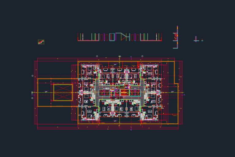 Architectural CAD drawing of a multi-unit first floor apartment layout with dimensioned unit plans and elevator halls.