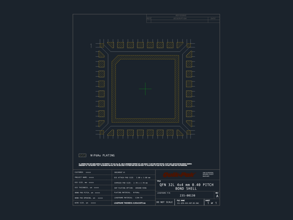 Technical layout of a QFN 32L 4x4 mm 0.40 pitch bond shell electronic component package.