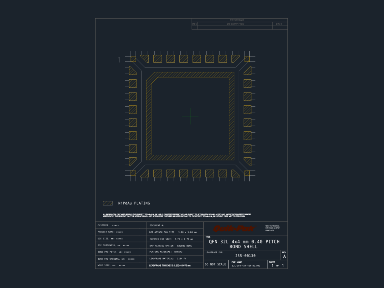 Technical layout of a QFN 32L 4x4 mm 0.40 pitch bond shell electronic component package.
