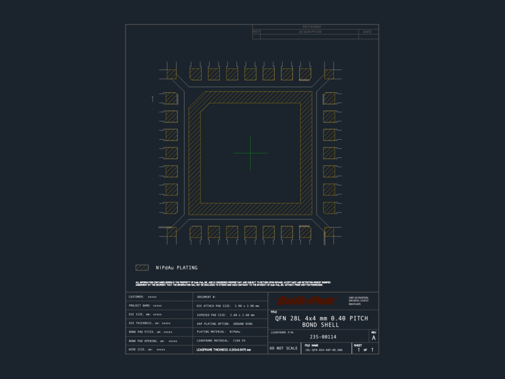 Technical drawing of a QFN 28L 4x4 mm 0.40 pitch bond shell leadframe with die attach pad and NiPdAu plating hatch.