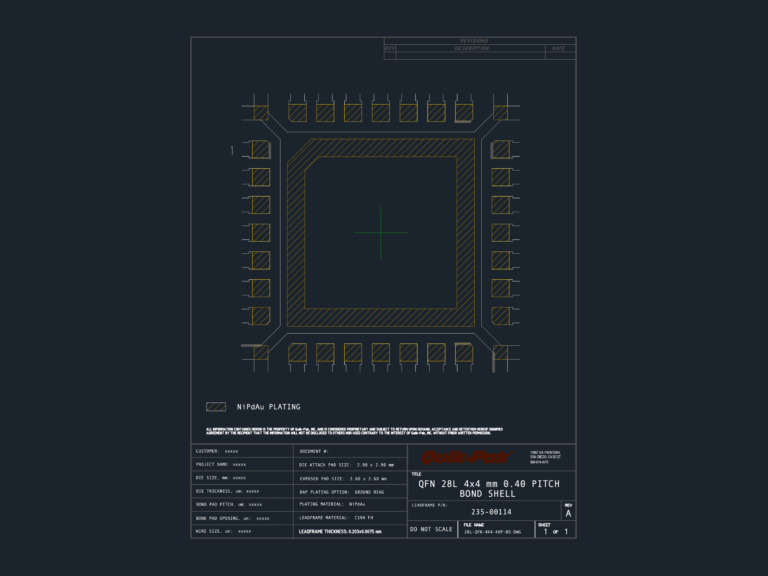 Technical drawing of a QFN 28L 4x4 mm 0.40 pitch bond shell leadframe with die attach pad and NiPdAu plating hatch.