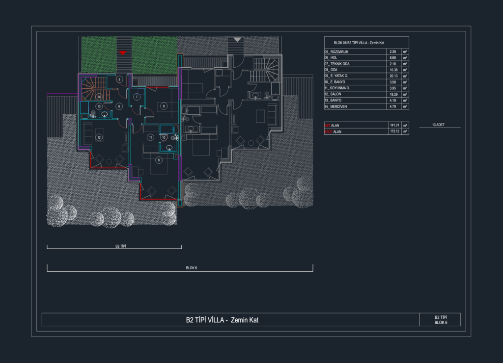 CAD floor plan of a B2 type villa showing ground level room layout and area schedule table.