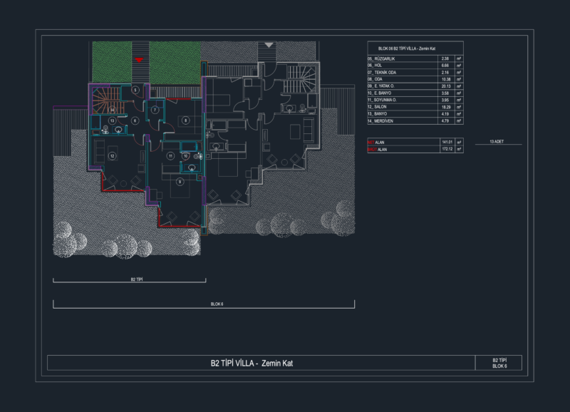 B2 type villa ground and garden floor plans DWG