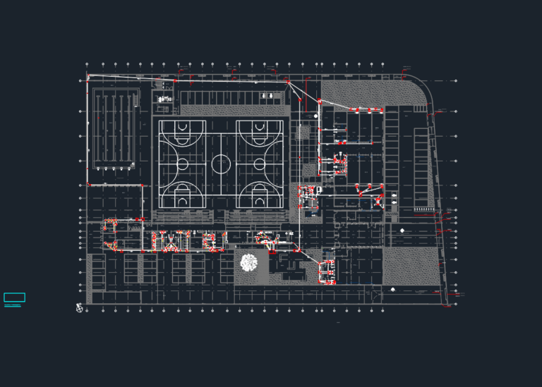 CAD floor plan of a sports facility showing a gymnasium, swimming pool, and red sanitary drainage network lines.