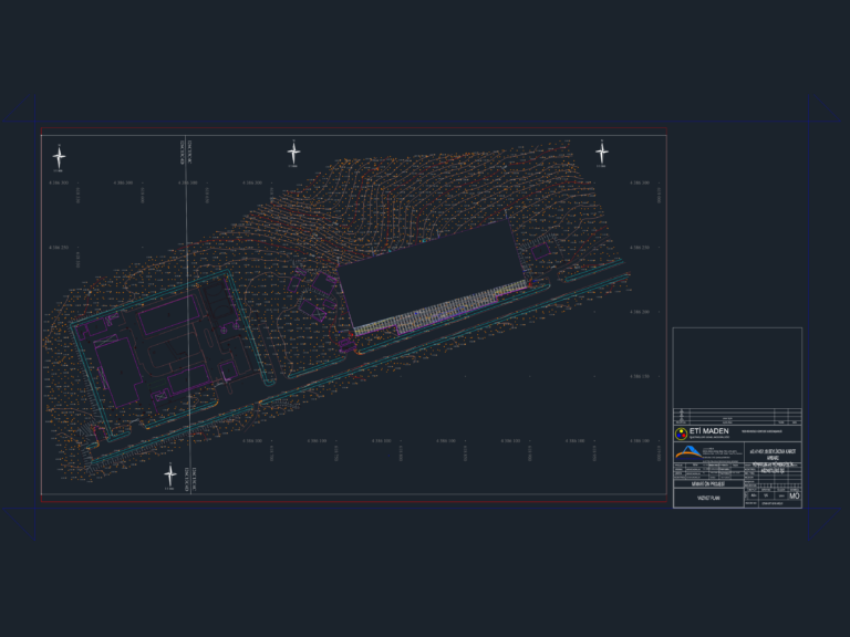 CAD site plan of an industrial core shed showing topographic contour lines, building footprint, and boundary coordinates.