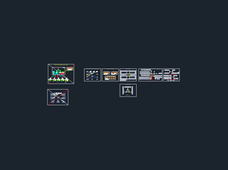 CAD schematic frames showing industrial network topology, ELV logic diagrams, and server rack layouts for a factory site.