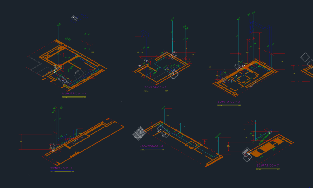 Isometric plumbing CAD drawing of hot and cold water layouts for residential bathrooms with dimensions and pipe sizes.
