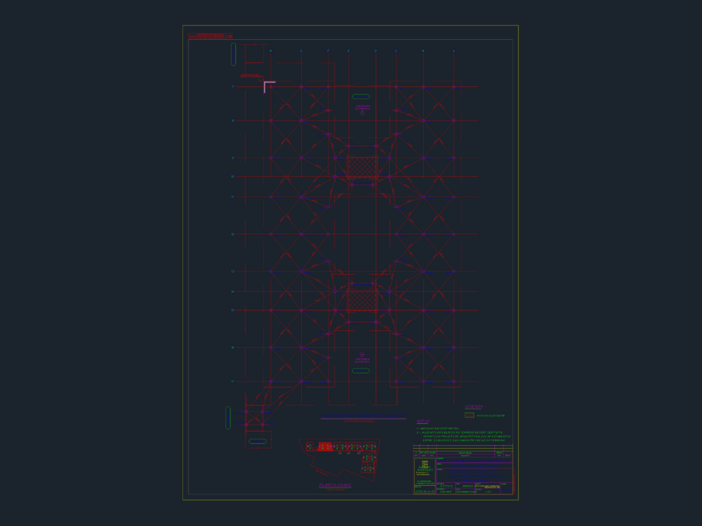 Structural CAD plan showing foundation point layout with grid lines and diagonal dimensions for residential blocks.