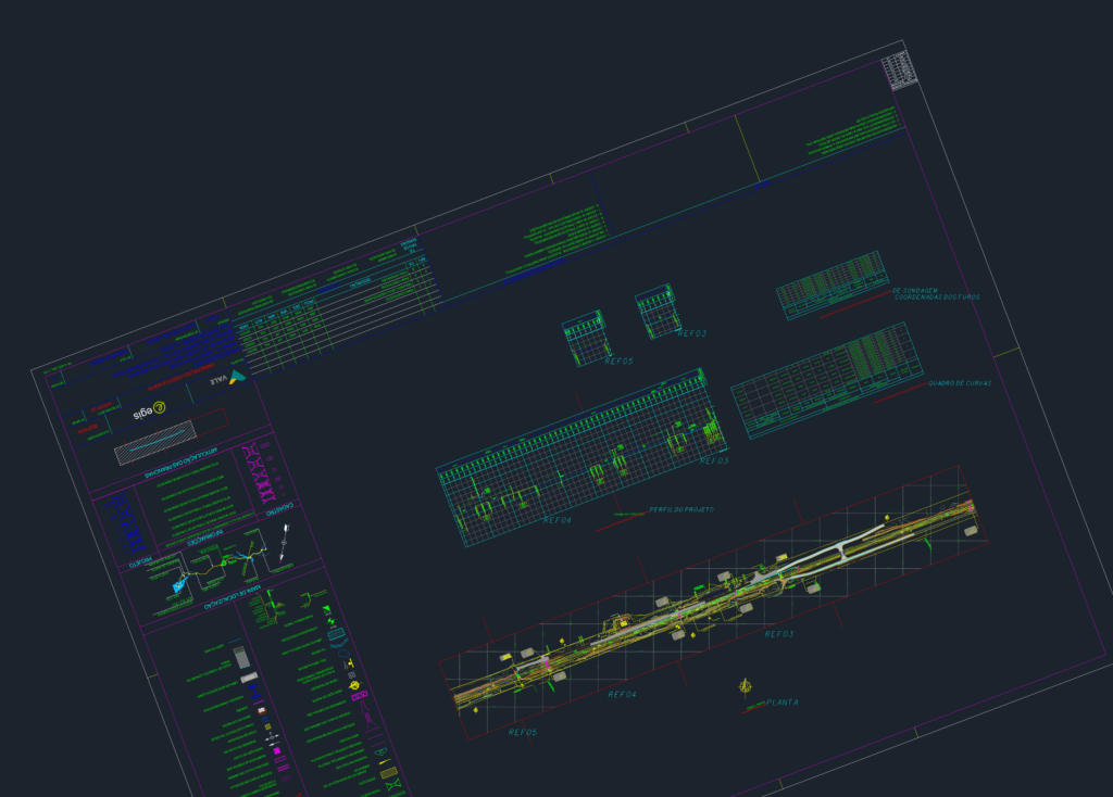 CAD layout of logistics infrastructure showing plan, longitudinal profile, soil survey data, and curve tables.