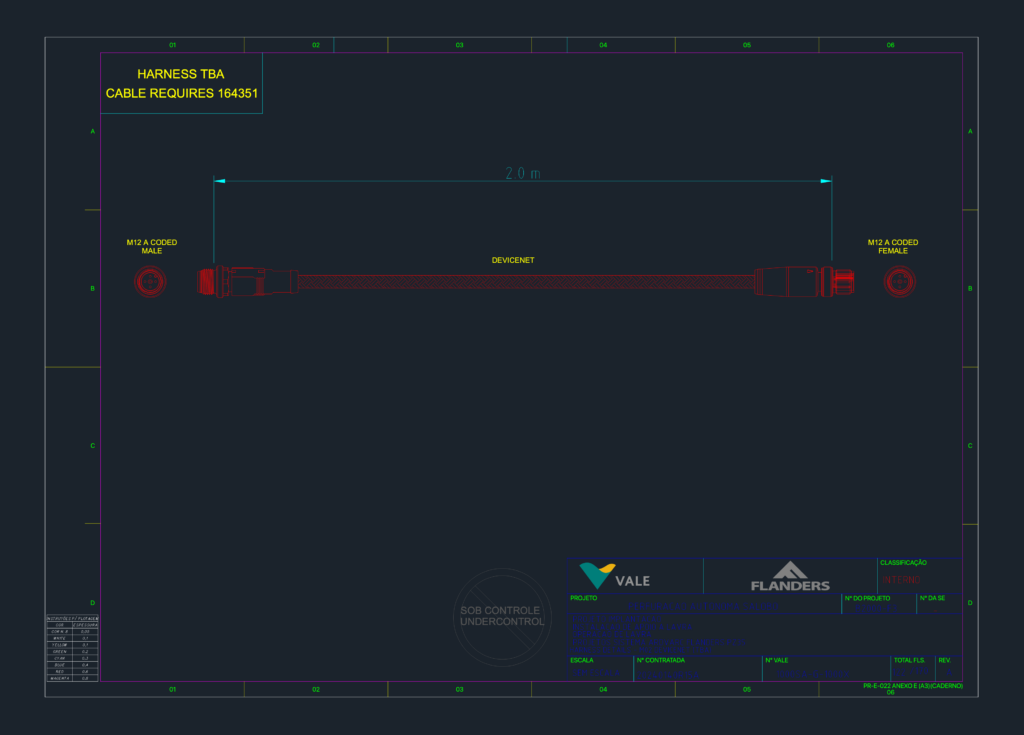 Technical CAD drawing of a 2.0m DeviceNet cable harness with M12 A-coded male and female connectors.