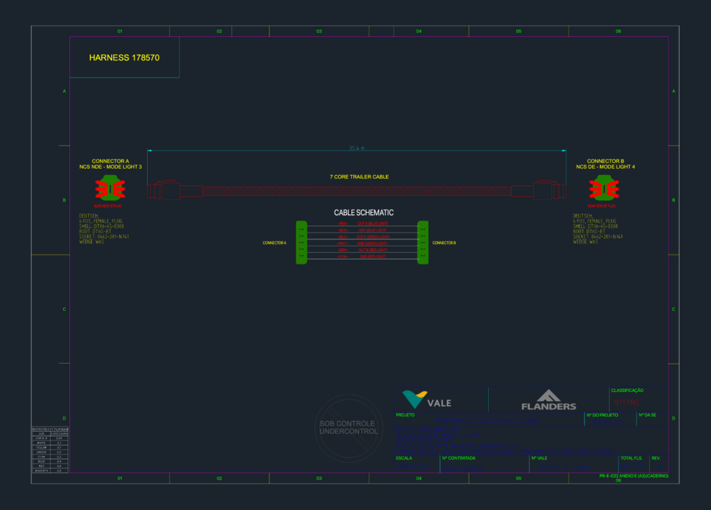 Electrical schematic for a 7 core trailer cable harness with Deutsch DT06-6S-E008 connectors and 35.4m dimensions.