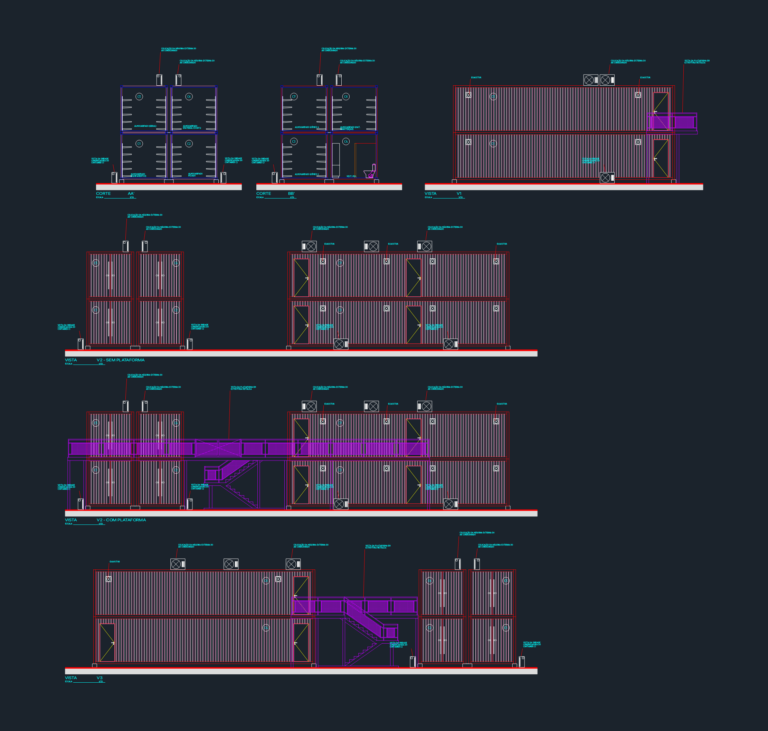 CAD elevations and sections of a two-story modular shipping container warehouse with metal access stairs and platforms.