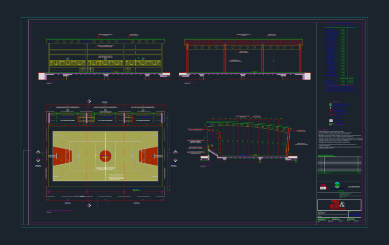 CAD drawing showing a multi-sport court floor plan, longitudinal and transverse sections, and roof structure details.