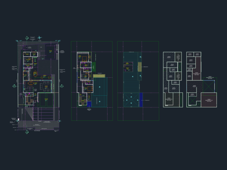 CAD drawings showing ground floor, upper floor, roof, and reflected ceiling plans for a two-story house with a pool.