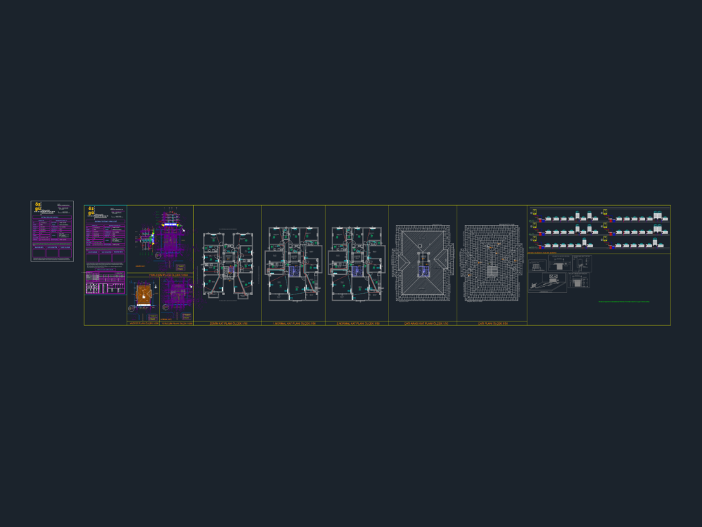 CAD layout for apartment heating installation featuring floor plans, radiator layouts, and vertical riser diagrams.