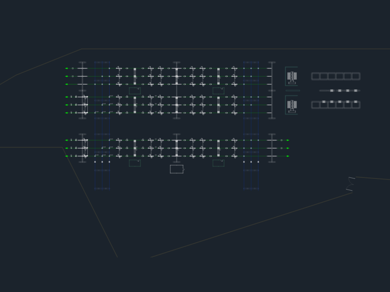 Top-down CAD plan of 230kV substation primary equipment, showing busbars, connections, and cabling layout.