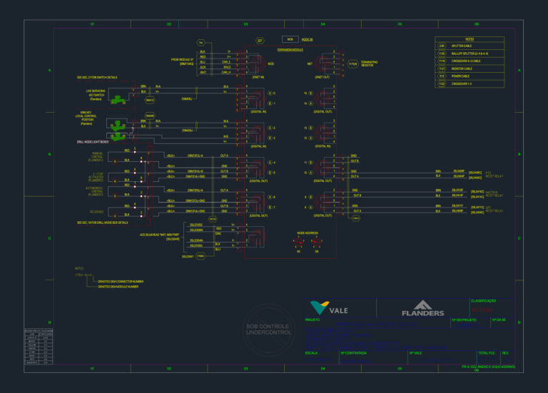 Electrical schematic for Flanders M08 Node 38 Remote I/O module showing wiring for digital inputs and outputs.