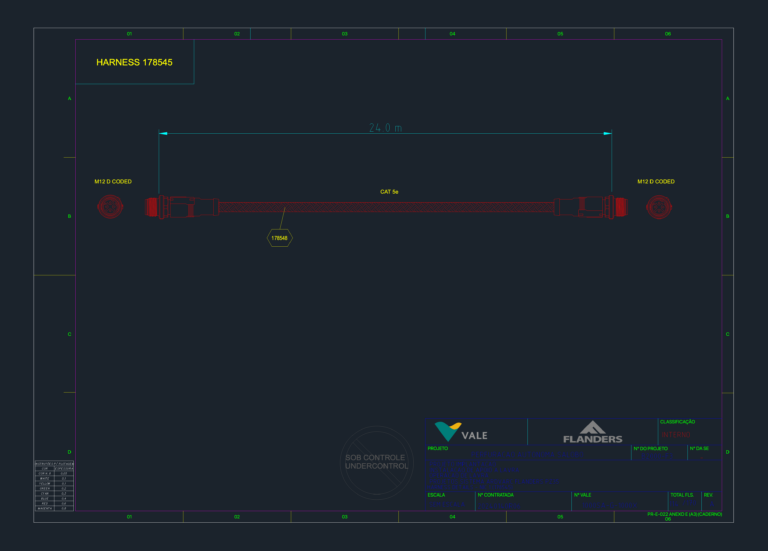 2D CAD drawing of a 24m CAT 5e cable assembly with M12 D Coded connectors and connector pinout diagrams.