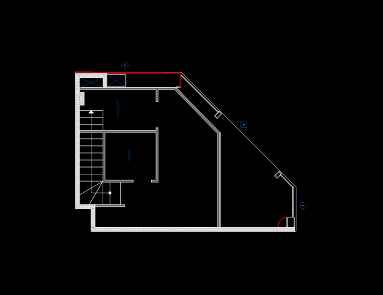 2D CAD floor plan for a 40m2 clothing store renovation showing partition walls, stairs, and office space.