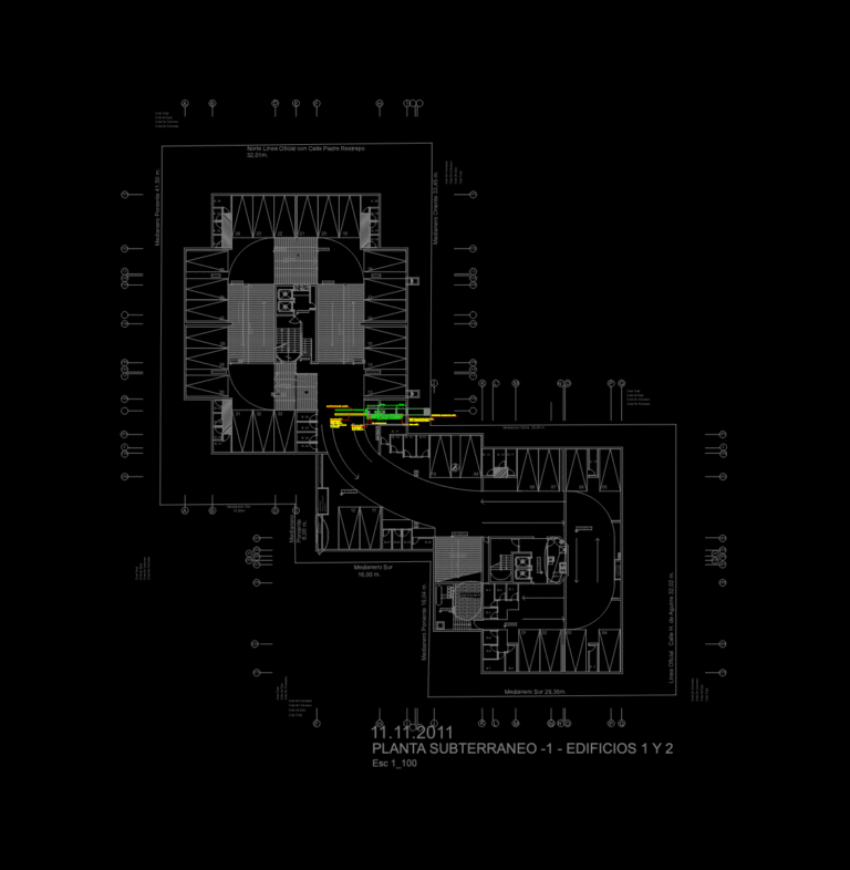 Basement electrical layout plan showing generator room, parking stalls, and service tray routing on level -1.