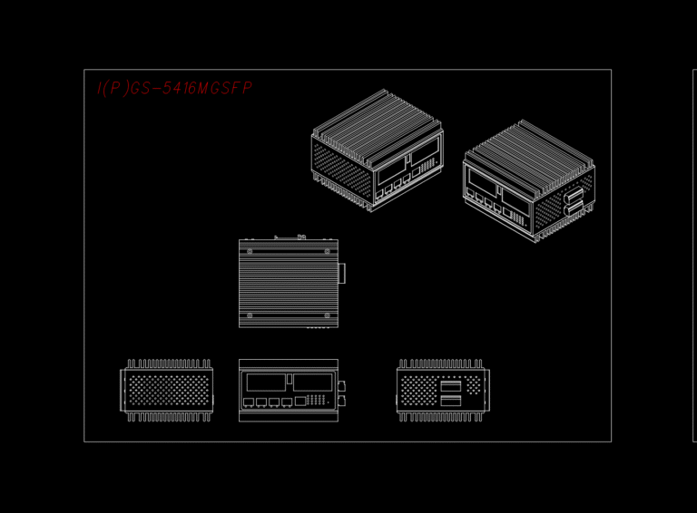 2D orthographic projections and isometric view of an industrial network switch with heat-dissipating fins.