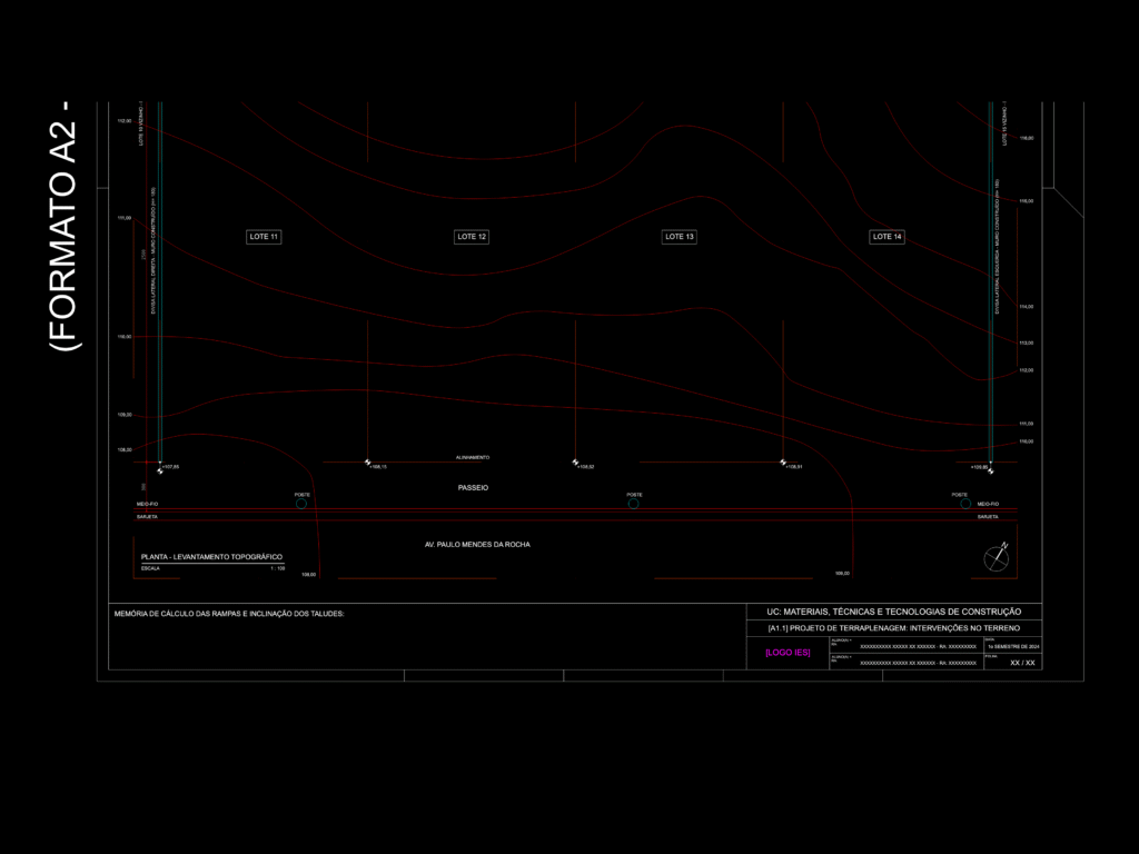 CAD topographic survey plan showing contour lines, lot divisions 11 to 14, and street details with elevation markers.