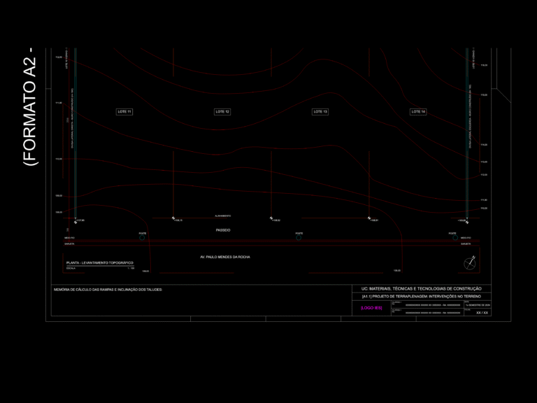 CAD topographic survey plan showing contour lines, lot divisions 11 to 14, and street details with elevation markers.