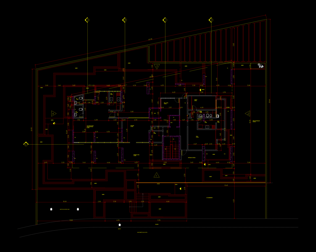 2D ground floor architectural CAD plan for a multi-family building with garden, parking, and circulation cores.
