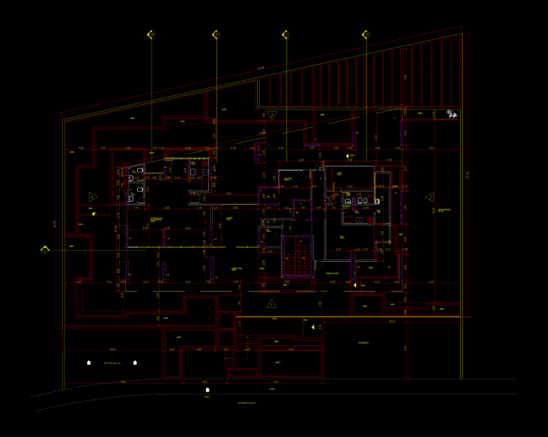 2D ground floor architectural CAD plan for a multi-family building with garden, parking, and circulation cores.