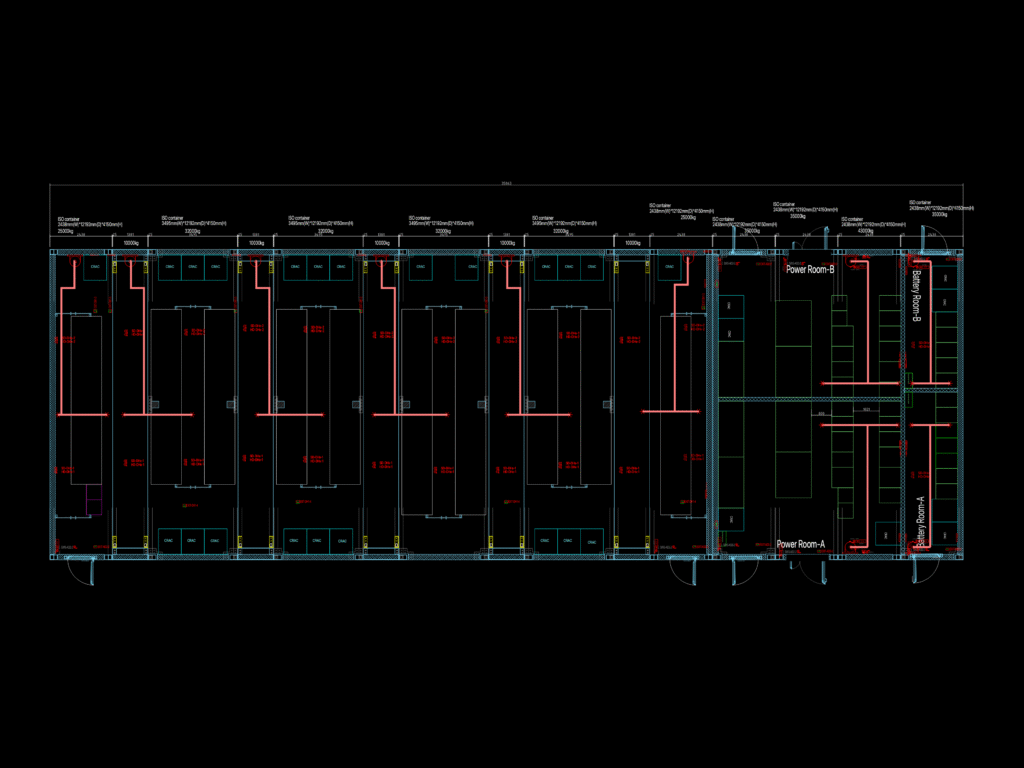 Modular container data center fire fighting layout CAD plan with server racks and power distribution rooms.