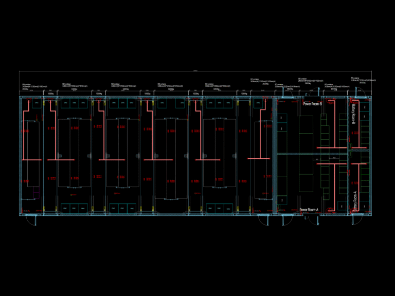 Modular container data center fire fighting layout CAD plan with server racks and power distribution rooms.