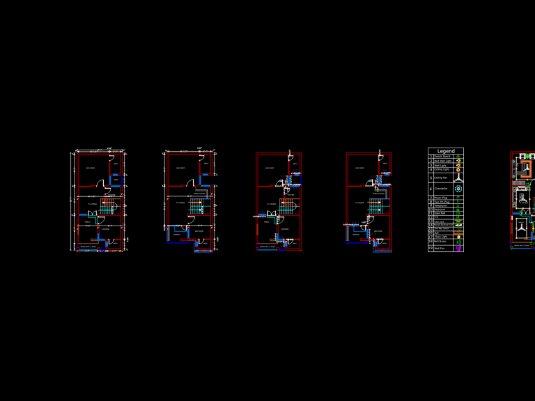 CAD floor plan for a 21x45 house featuring bedroom, kitchen, tv lounge, and electrical lighting symbols.