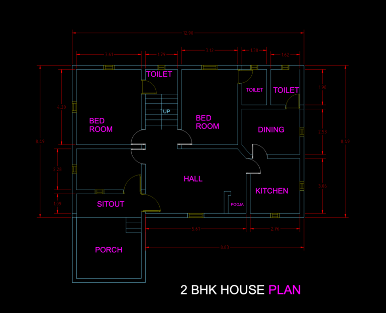 2BHK residential floor plan CAD drawing with bedrooms, toilets, pooja area, sitout, porch, and metric dimensions.