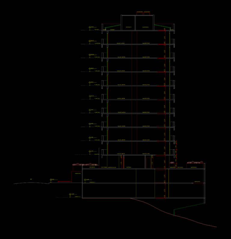 CAD cross-section of a 10-story residential building showing basement levels, typical floors, and rooftop water tank.