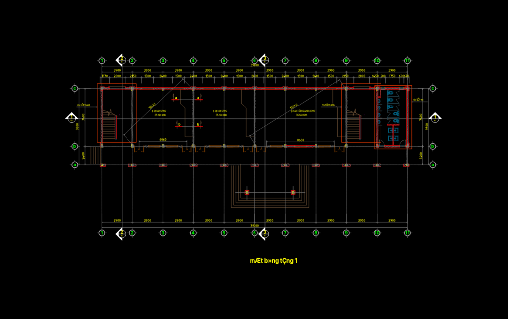 CAD floor plan of a three-story school building showing classrooms, labs, and restrooms with metric grid dimensions.