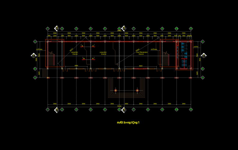 CAD floor plan of a three-story school building showing classrooms, labs, and restrooms with metric grid dimensions.