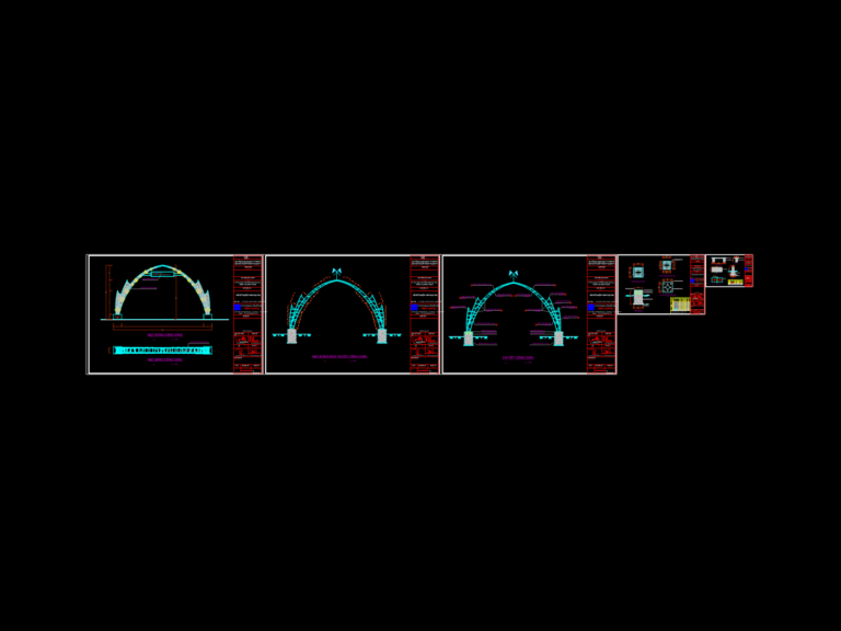 CAD elevations and plans of a decorative steel arch entrance gate with structural pipe details and foundation footings.