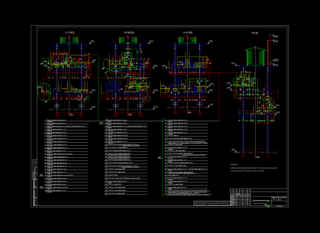 Four vertical industrial piping sections and elevations with a detailed mechanical equipment specification table.