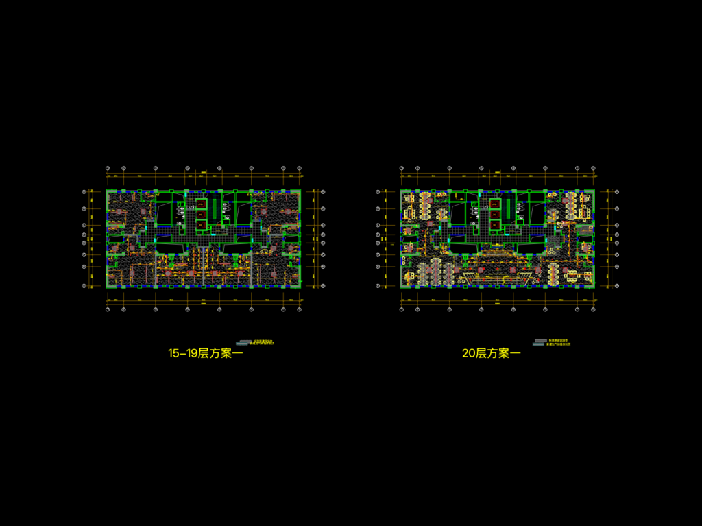 CAD office floor plan showing furniture layout, structural grid lines, meeting rooms, and elevator core.