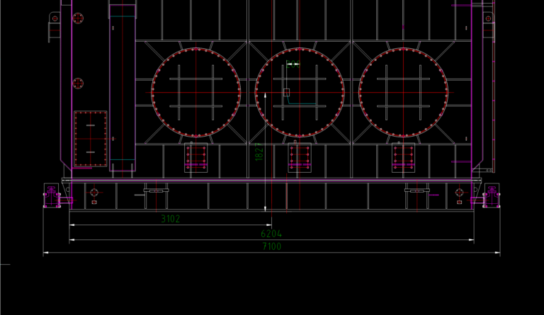 Technical CAD drawing showing dimensions, mounting feet, and lifting points for an industrial transformer cooling unit.