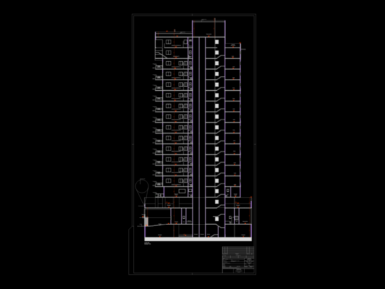 CAD cross section of a 16-story residential tower showing parking garage, central elevator shaft, stairs, and floor plates.