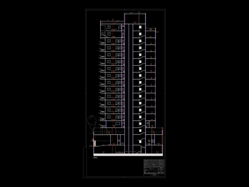 Cross section of a 16-story apartment building DWG