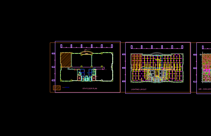 CAD drawing of a 9th floor office partition plan alongside a detailed lighting and electrical layout.