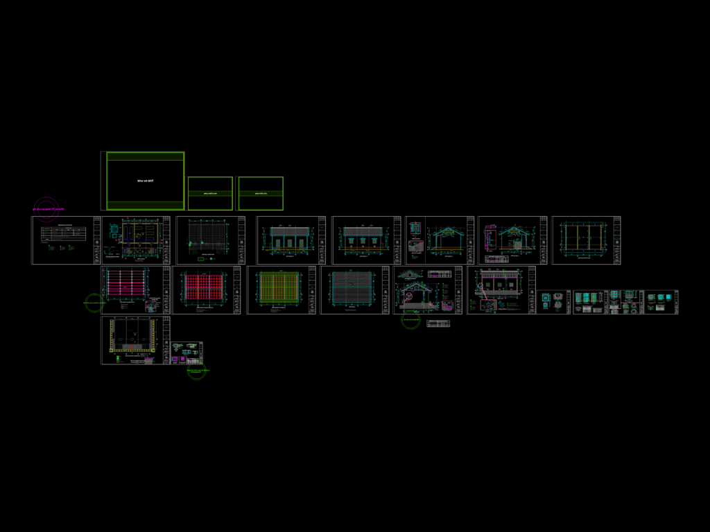 CAD architectural sheets showing floor plans, elevations, and roof sections for a small storage warehouse.